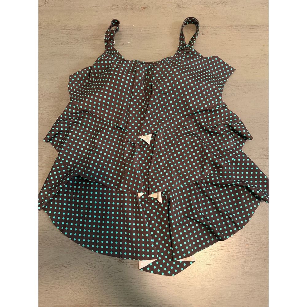 Septangle Brown Teal Polka Dot Tiered Ruffle Tankini Swim Top Size 10